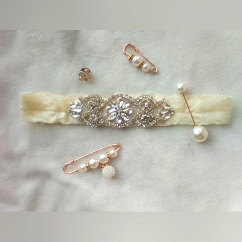 Vintage Ivory Crystal Pearl Lace Non-slip Wedding Garter Pin Barrett Bundle Set - Picture 4 of 13